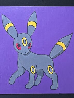 Hand Painted Umbreon-Inspired Pop Art Canvas Print - Gray & Yellow